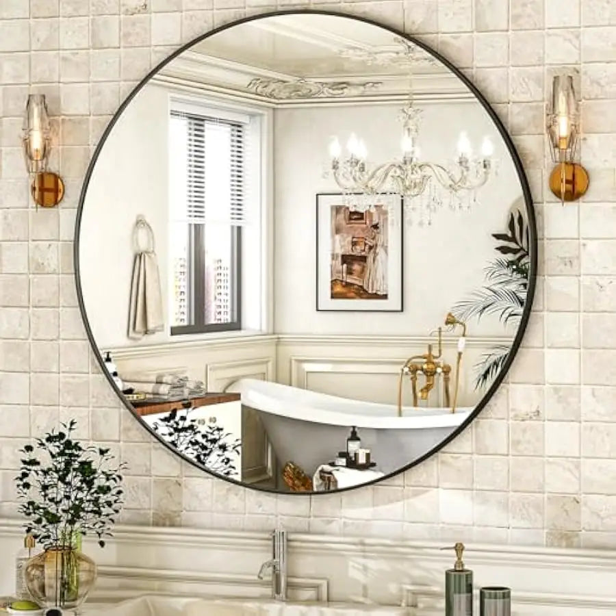 Modern Round Wall Mirror – Matte Black Aluminum Frame (30")