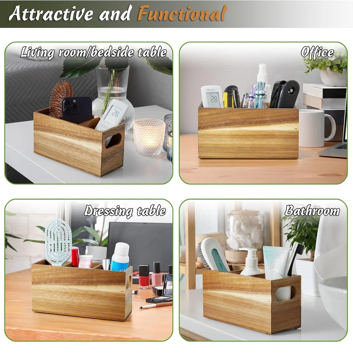 Wooden Utensil Storage Organizer – Countertop Cutlery Holder with 3 Adjustable Compartments