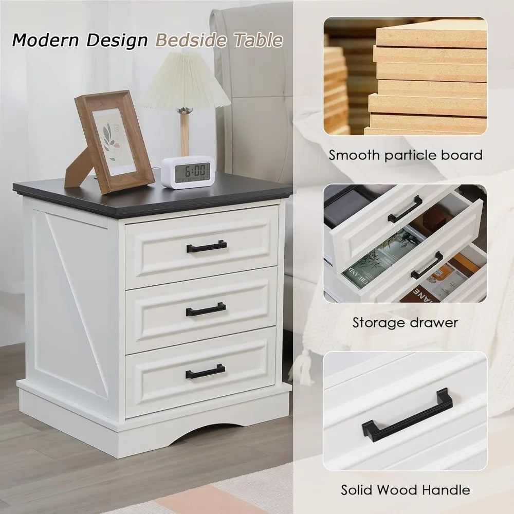Farmhouse Nightstand Set of 2 – Wood Bedside Tables with Charging Station and 2 or 3 Drawers