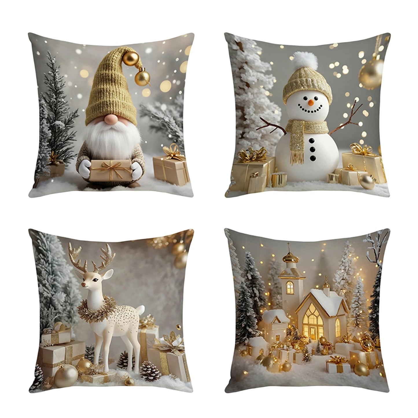Christmas Pillow Covers (4‑Pack) – Festive Santa, Snowman, Reindeer & Tree Designs