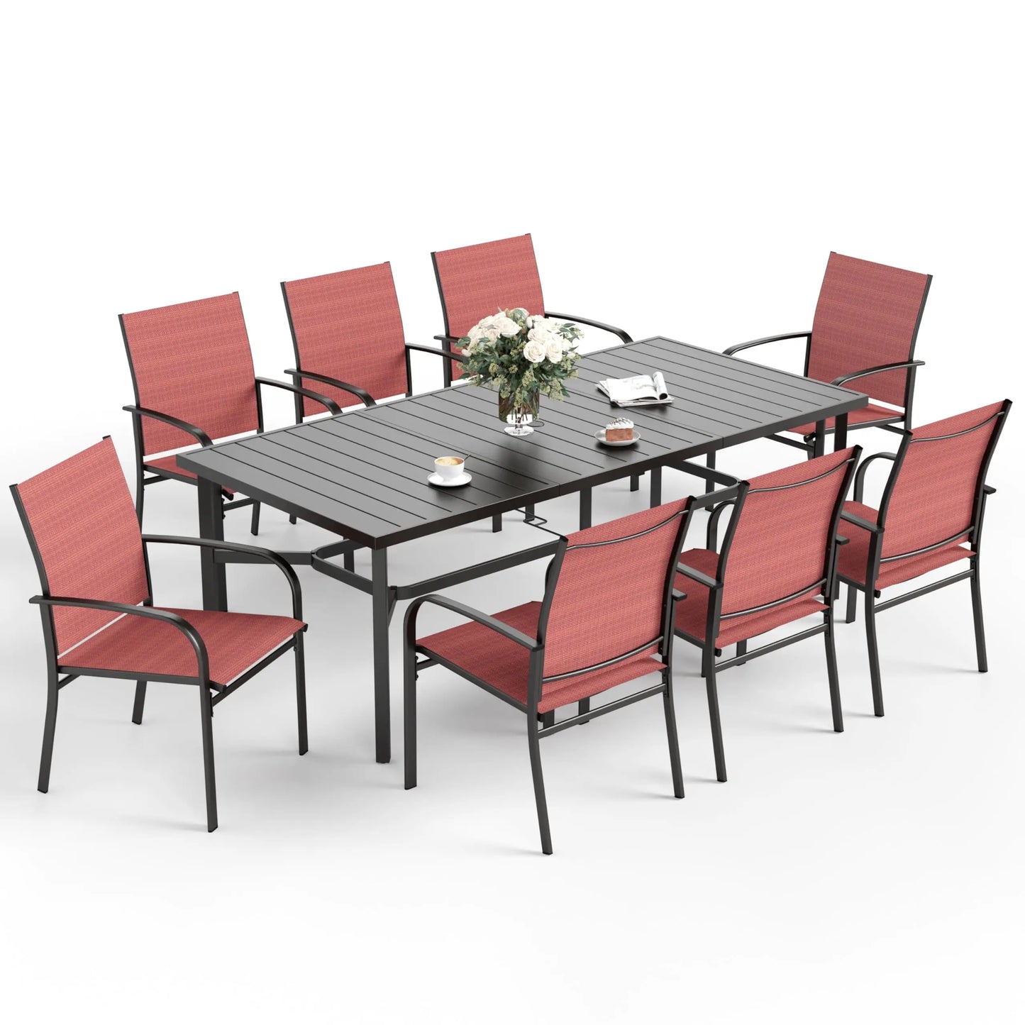 Outdoor Patio Dining Set (5/9/10‑Piece) – Square Table with Umbrella Hole & Metal Brown Chairs