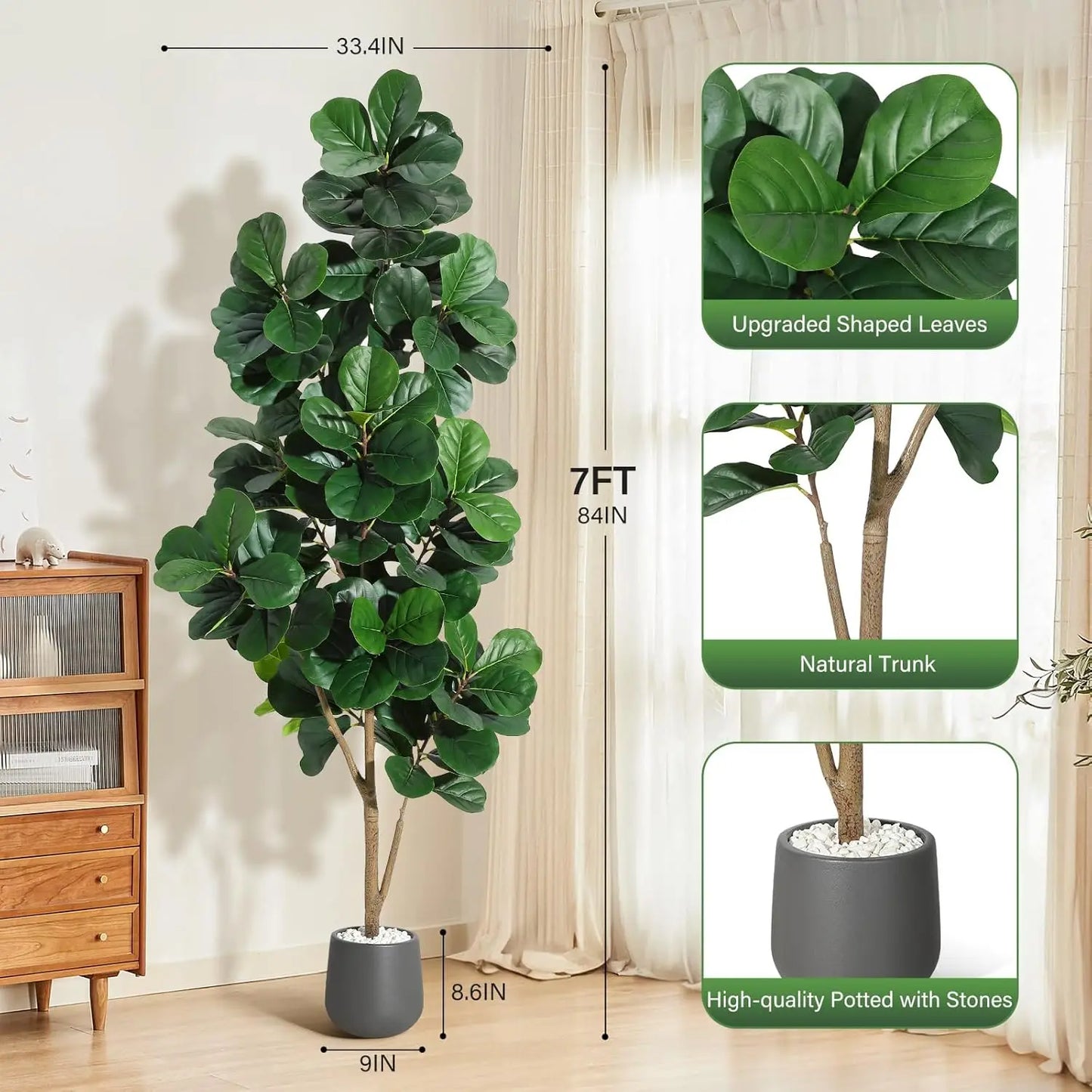 4–7FT Artificial Fiddle Leaf Fig Tree – Realistic Faux Ficus Lyrata with Lush Leaves in White Planter Pot