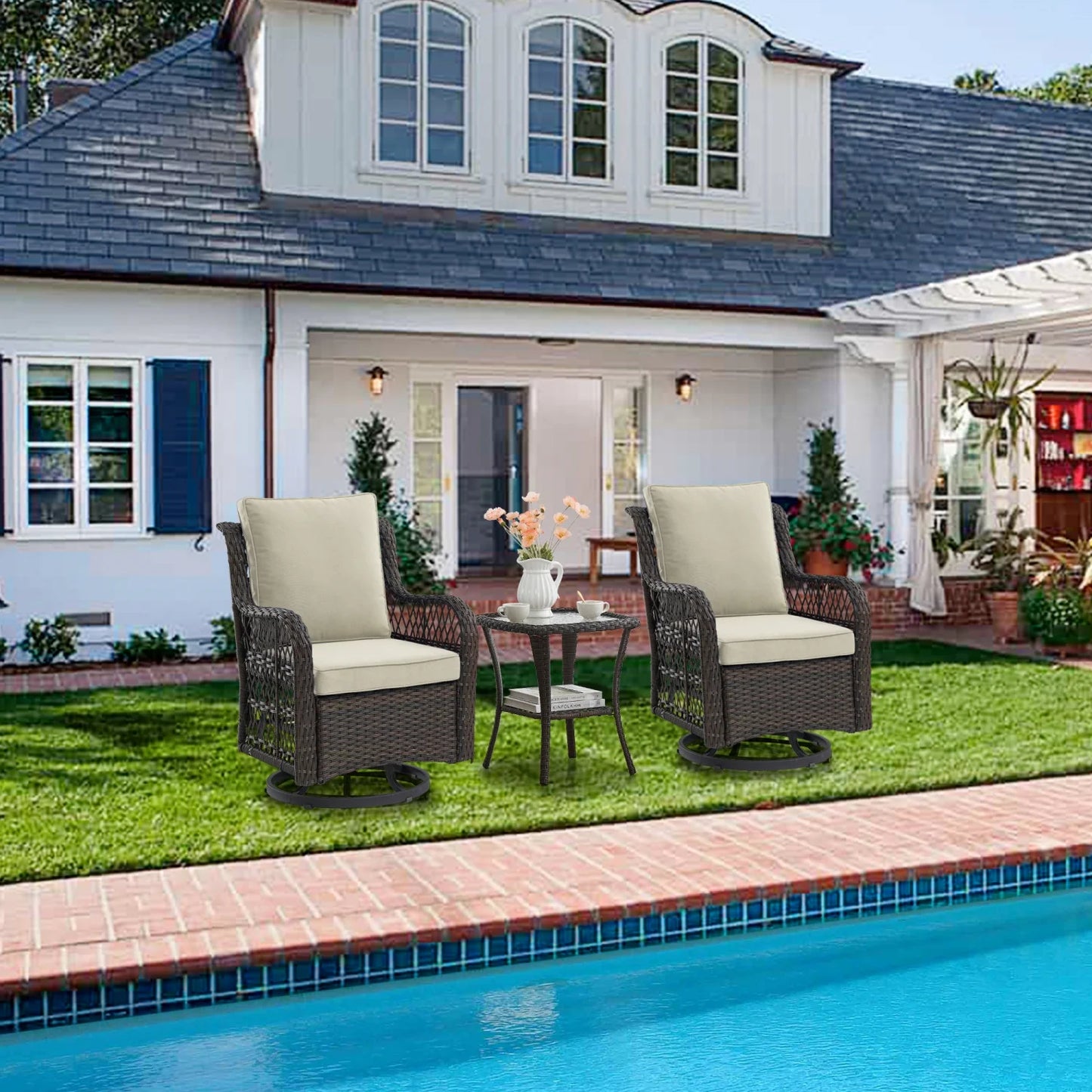 3‑Piece Outdoor Swivel‑Glider Rocking Chair Set – Cushioned Chairs & Glass‑Top Side Table