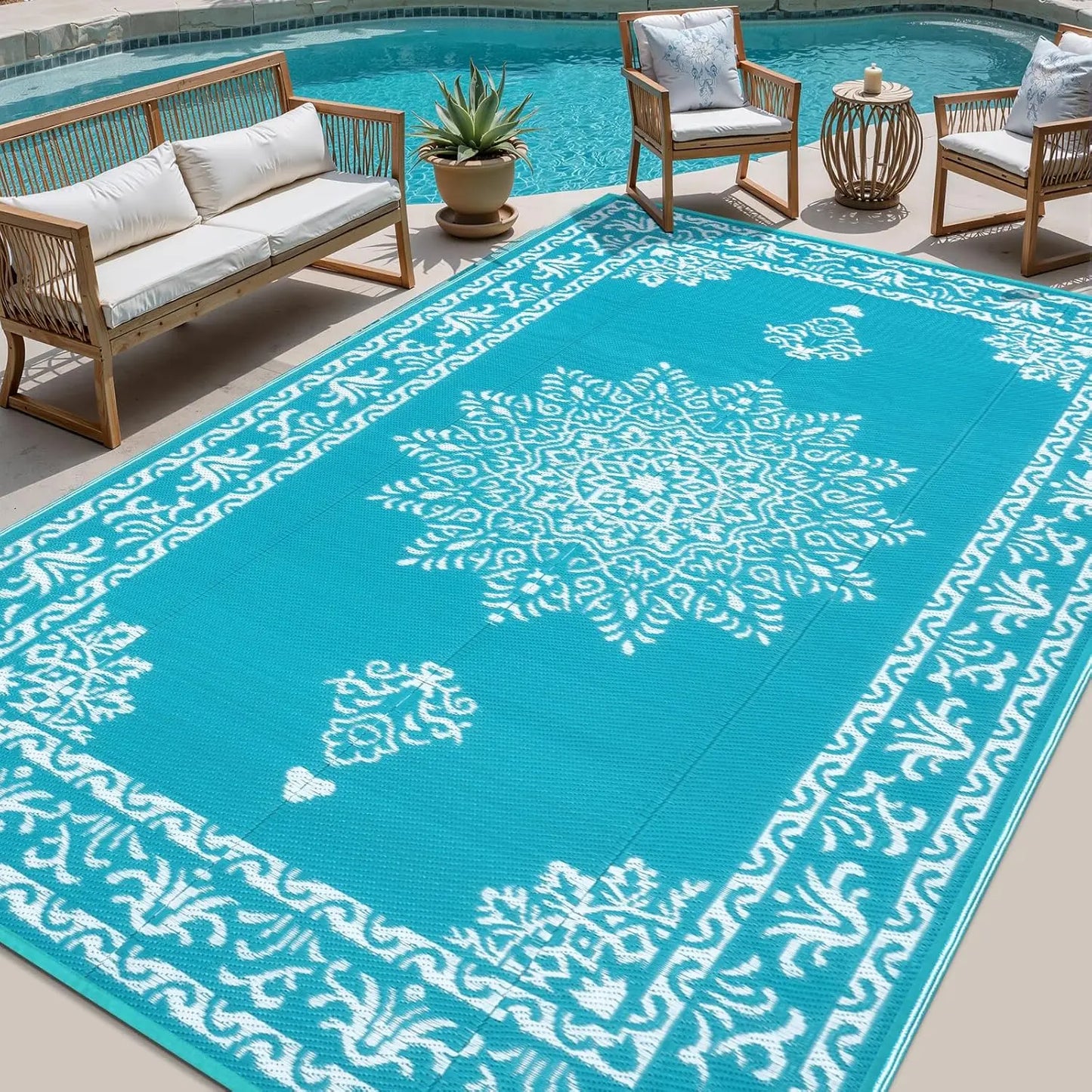 8x10 Ft Waterproof Reversible Outdoor Rug, UV Resistant