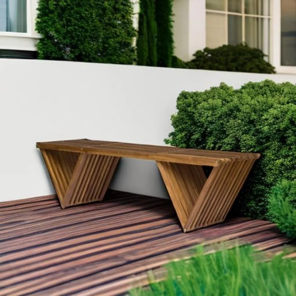 Outdoor Acacia Wood Bench, Teak Finish Brown, 17.75"D x 63"W x 16.5"H