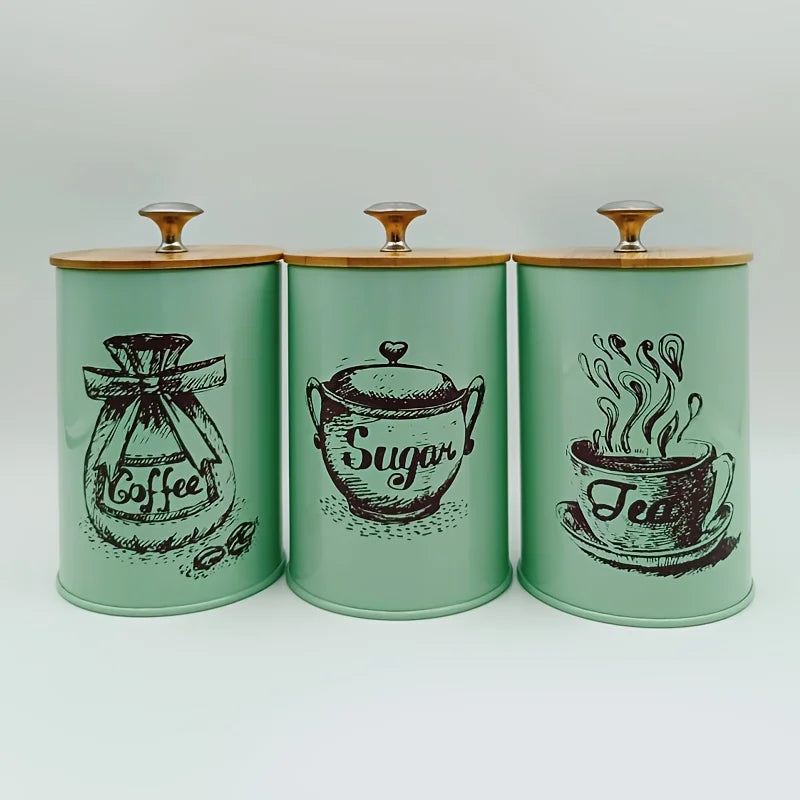 3Pcs Canister Set for Kitchen Counter, Coffee Sugar Tea Canister, Metal Vintage Kitchen Containers
