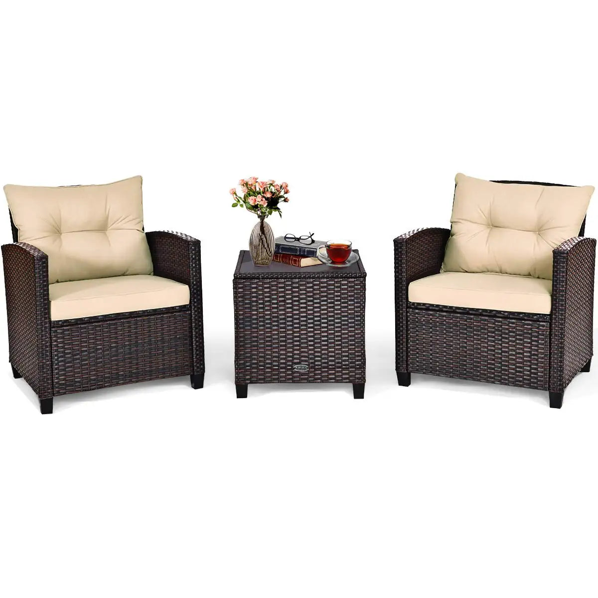 3 Pieces Patio Furniture Set, Outdoor Rattan Chair Set with Tempered Glass Side Table