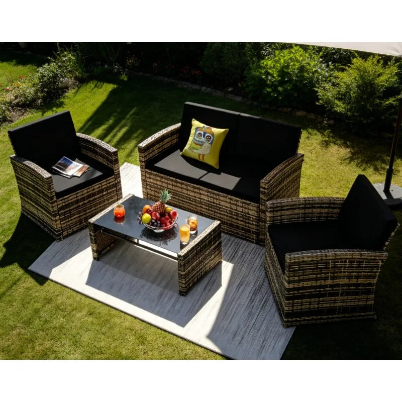 4‑Piece All‑Weather Rattan Sectional Sofa – Outdoor Patio Furniture Set with Cushions & Tempered Glass Table