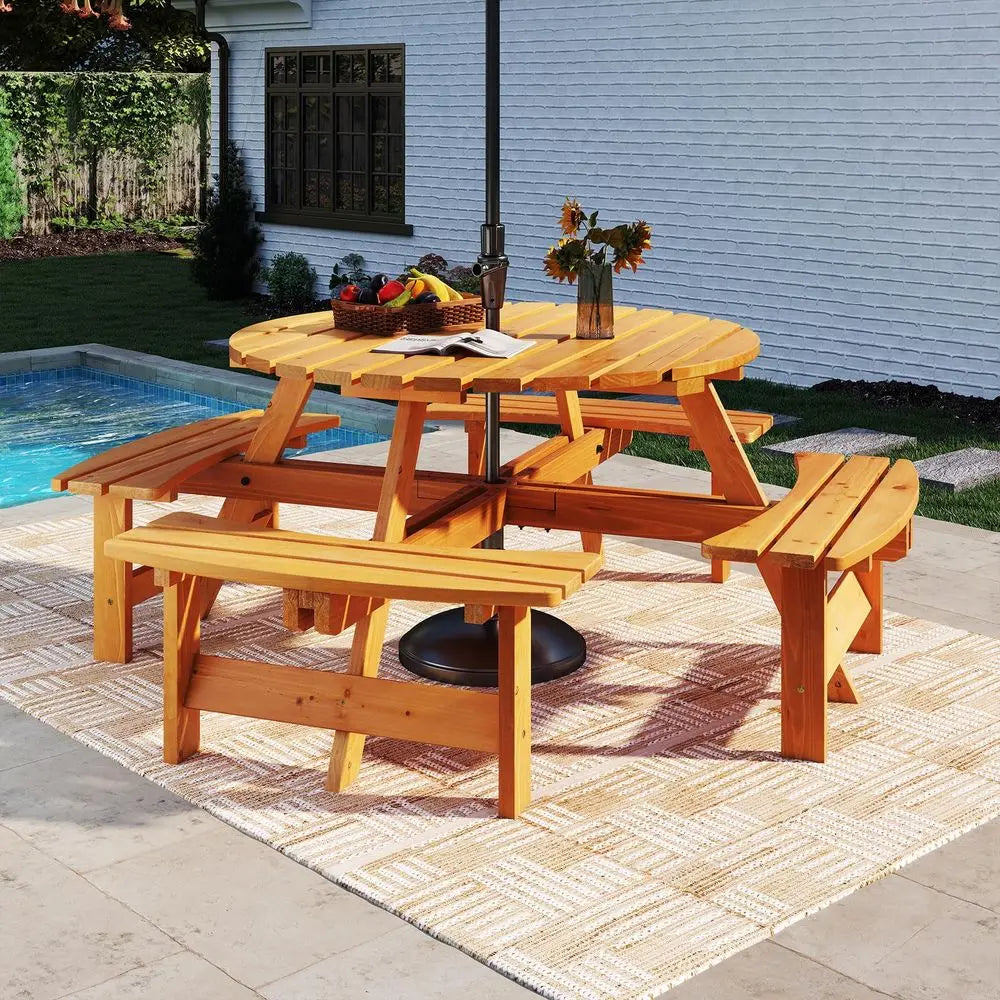 8‑Person Wood Picnic Table – Outdoor Round Table with 4 Built‑In Benches & Umbrella Hole