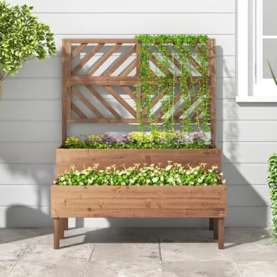 Outdoor Wooden Raised Garden Bed – 2‑Tier Planter Boxes with Trellis & Drainage Holes (Brown)