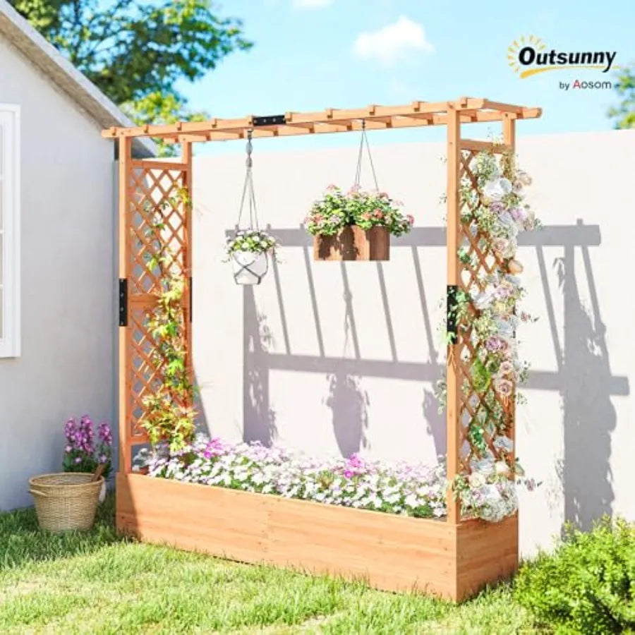 Raised Garden Bed with Trellis, Wooden Planter Box with Hanging Roof and Drainage Holes