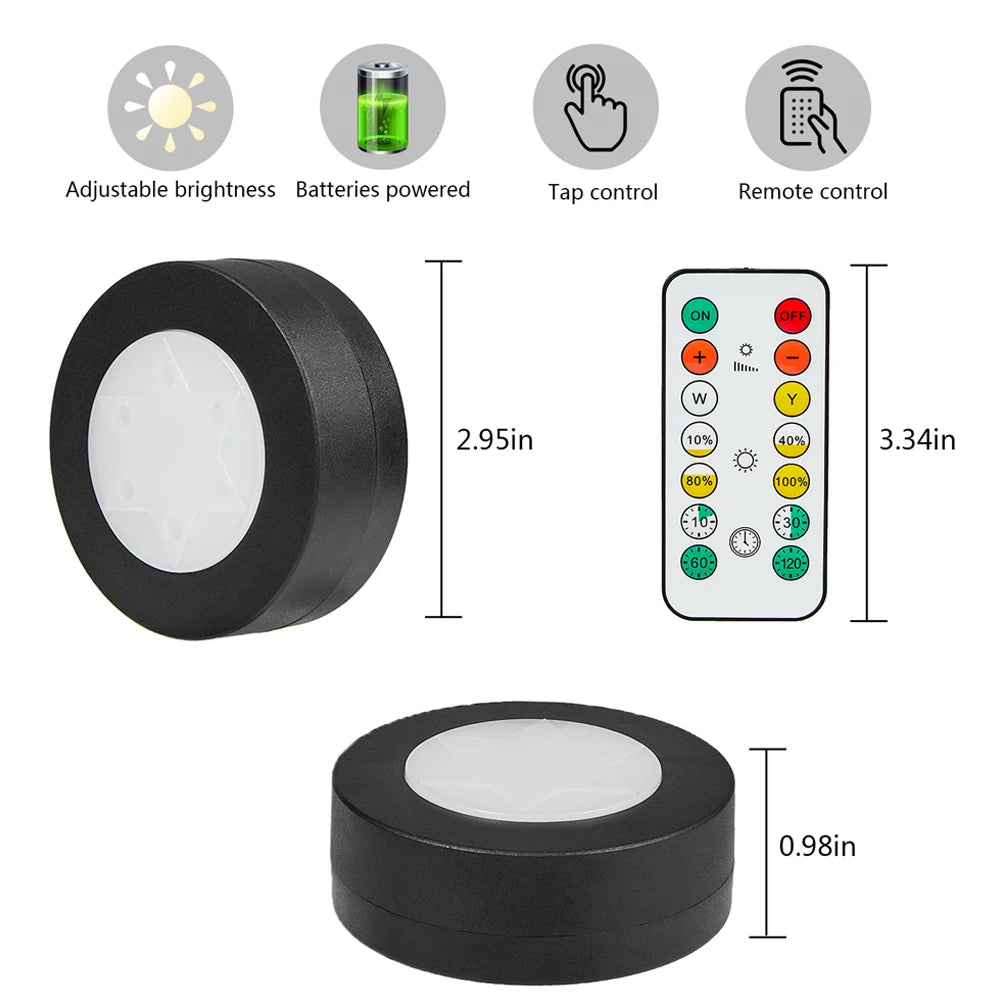 6-Pcs Black Round LED Under Cabinet Closet Light, Dimmable, Remote Control