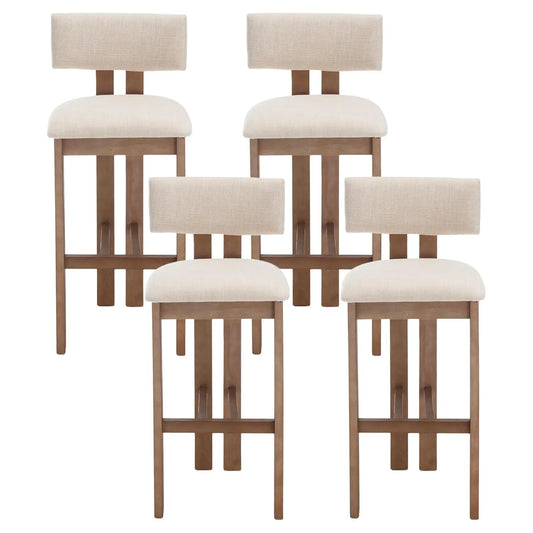 30" Wooden Bar Stools (Set of 4) – Curved Back Counter Chairs with Linen Upholstered Seat