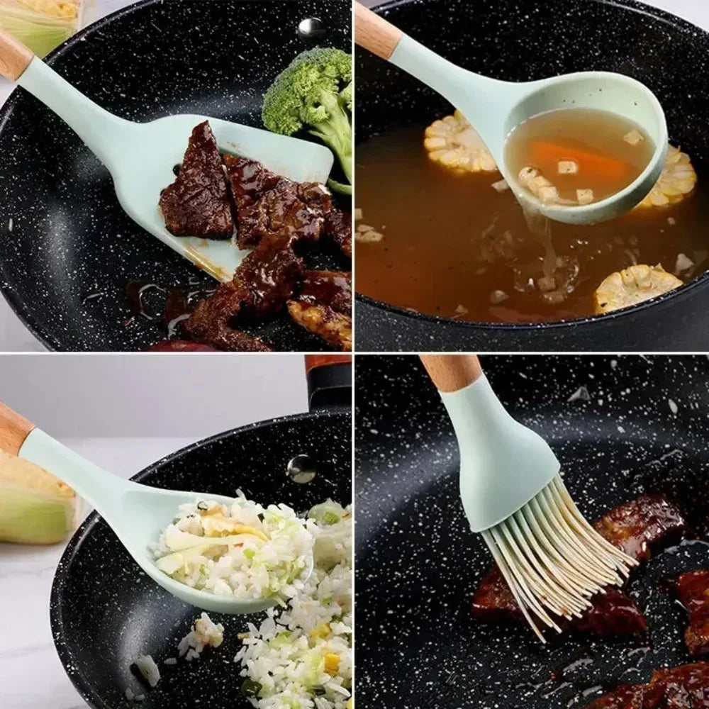 12‑Piece Non‑Stick Silicone Cooking Utensil Set – Wooden Handles, Heat‑Resistant Kitchen Tools with Storage Container