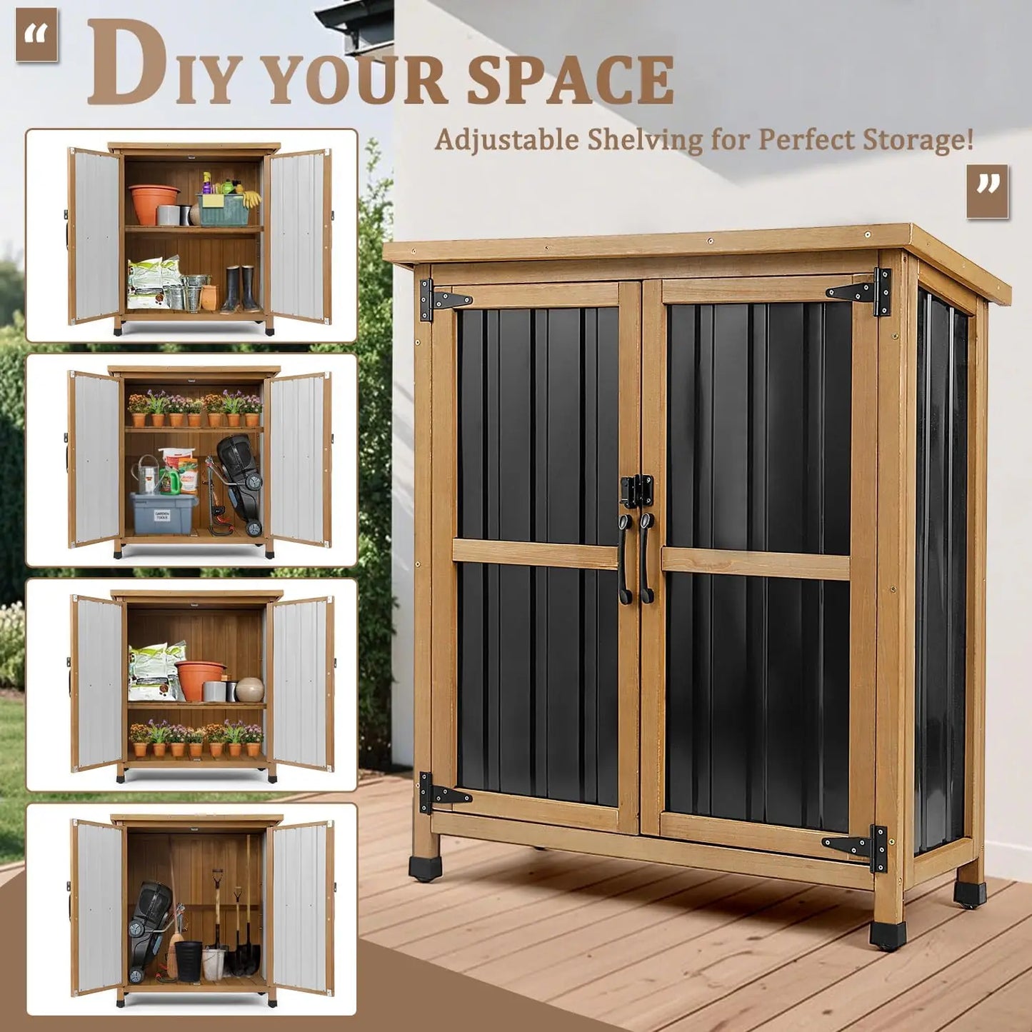 Weatherproof Outdoor Storage Cabinet with Lockable Doors, Wood & Metal