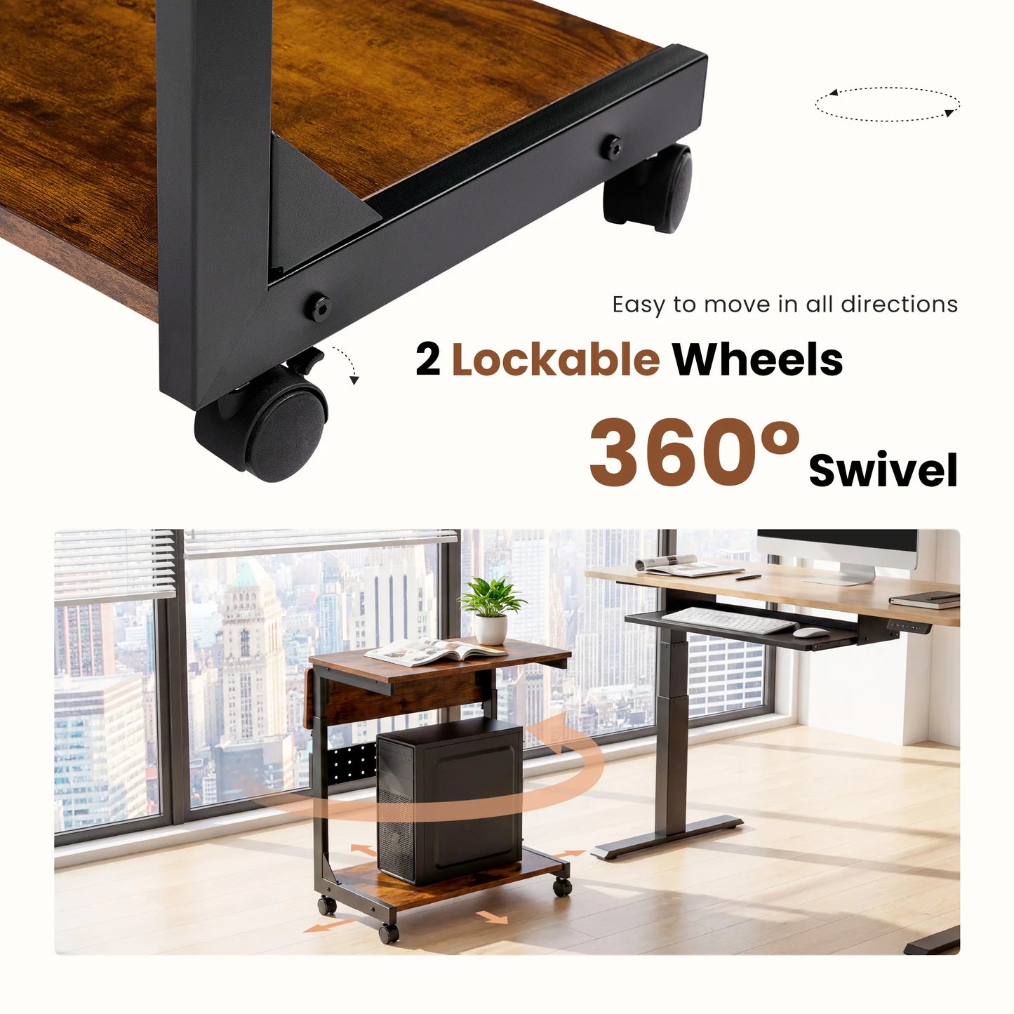 Mobile Sofa Side Desk – 25" Adjustable Rolling Computer Cart with 2 Tiers & Folding Panel