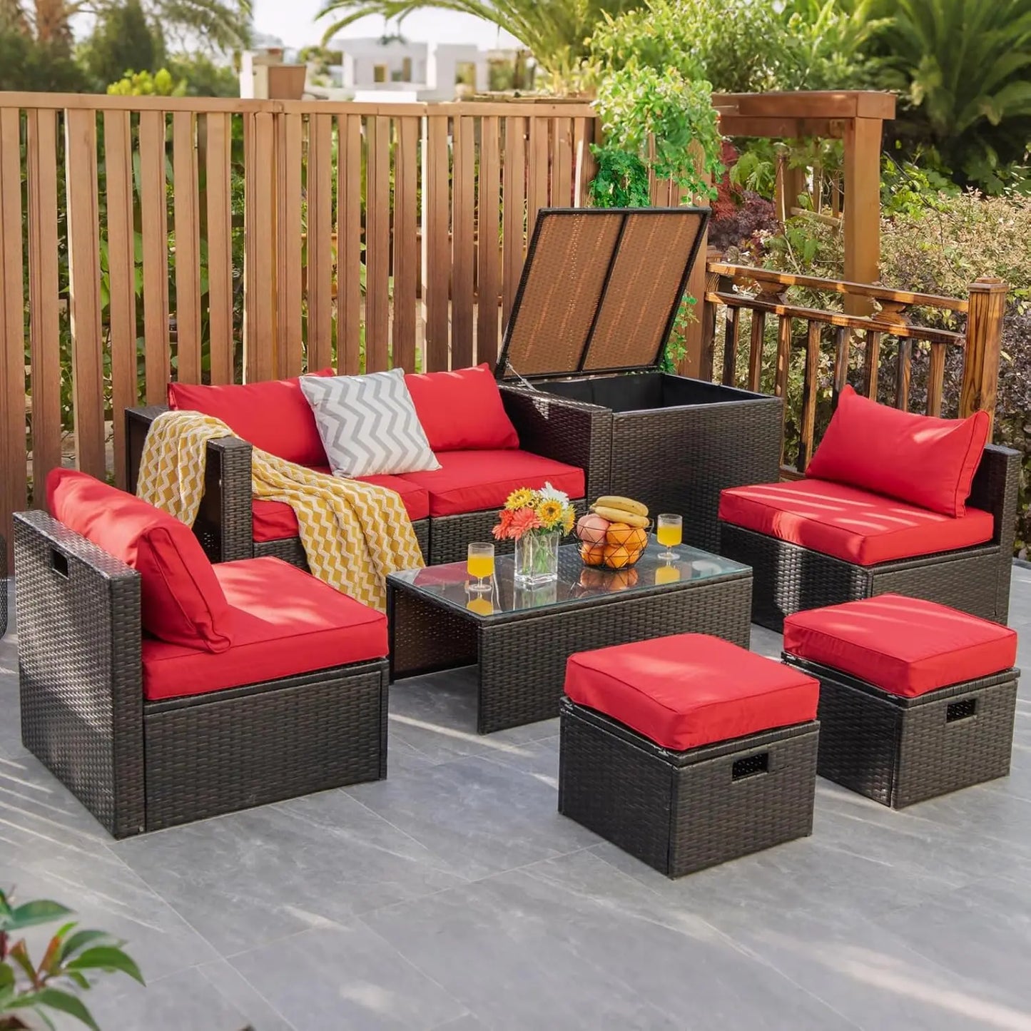 8‑Piece Rattan Outdoor Furniture Set – Sectional Sofa, Chairs, Storage Ottoman & Glass Table, Space‑Saving Design