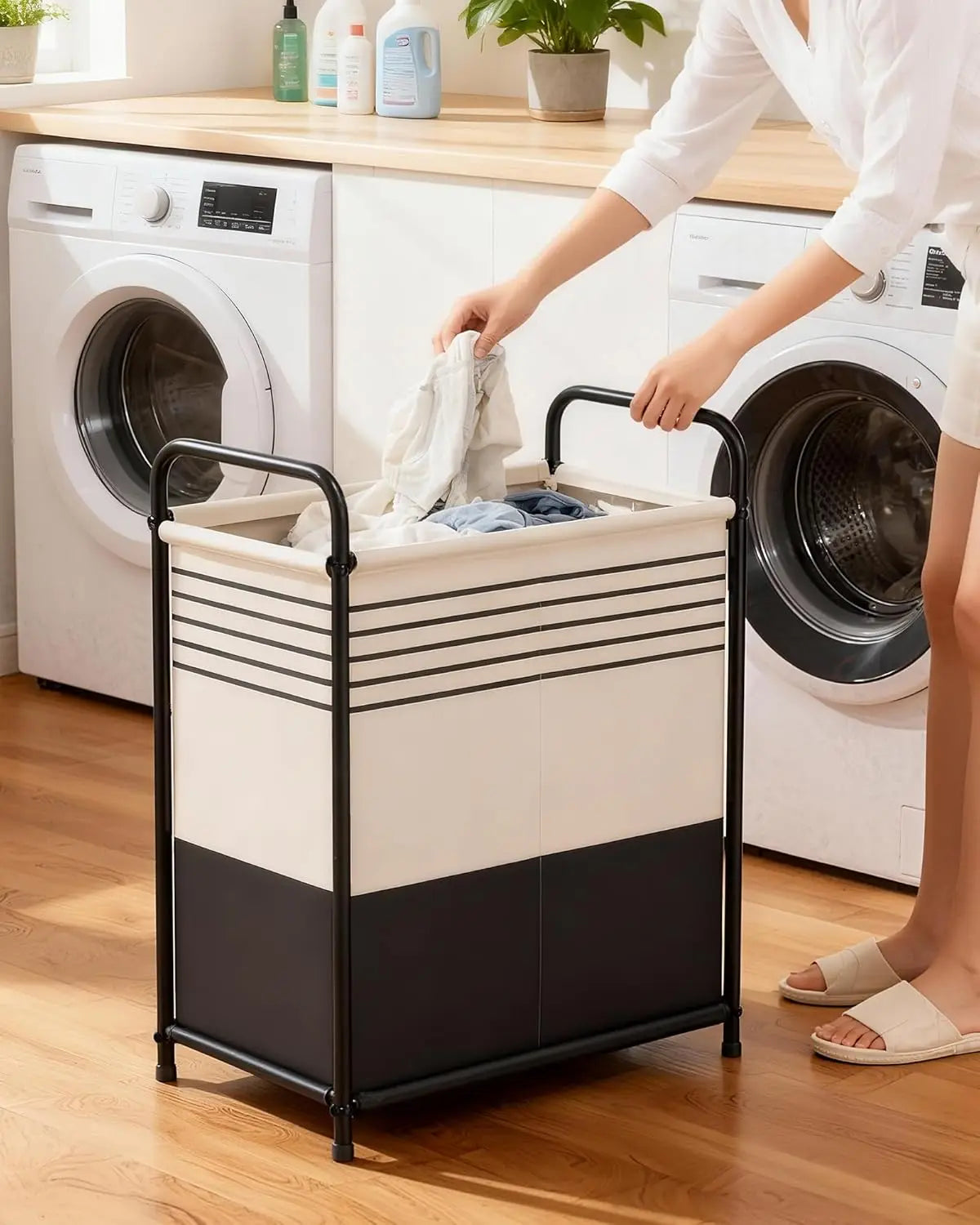 Spacious Laundry Hamper with Lid & Removable Bags, Portable Double-Section Basket for Bedroom, Bathroom, Dorm