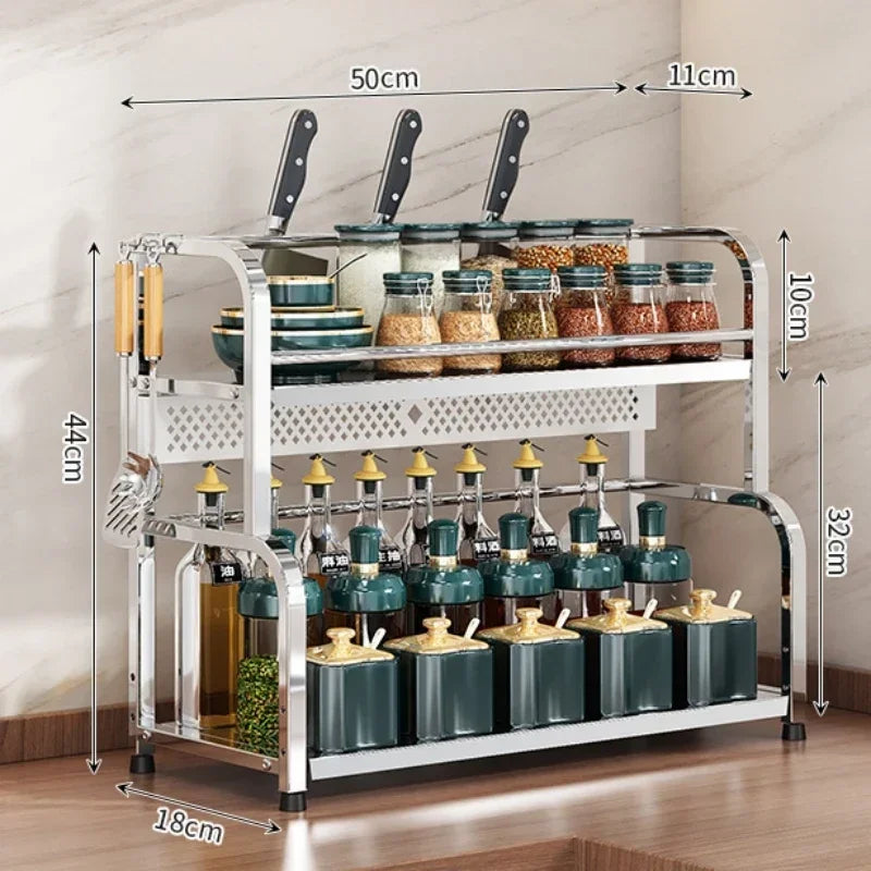 2/3 Kitchen Layer Stainless Steel Organizer Spice Rack - Seasoning Storage Frame - Knife Chopsticks Arrangement - Household Daily Use