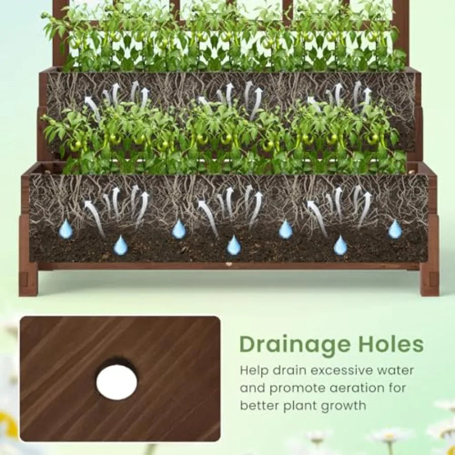 2‑Tier Wooden Elevated Garden Bed with Trellis – Raised Planter Boxes with Built‑In Drainage Holes