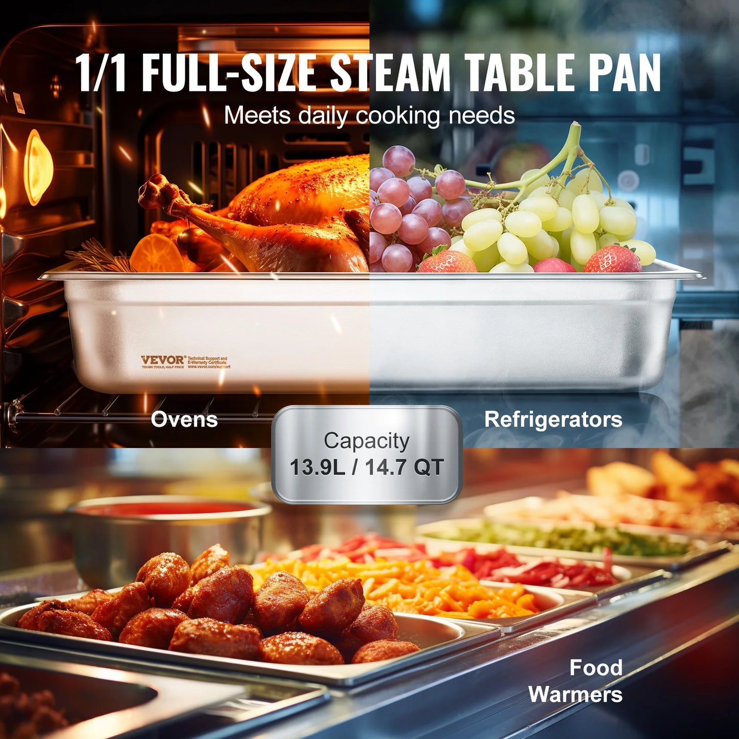 Stainless Steel Hotel Pans – 4‑Pack Full‑Size Anti‑Jam Steam Table Pans with Lids