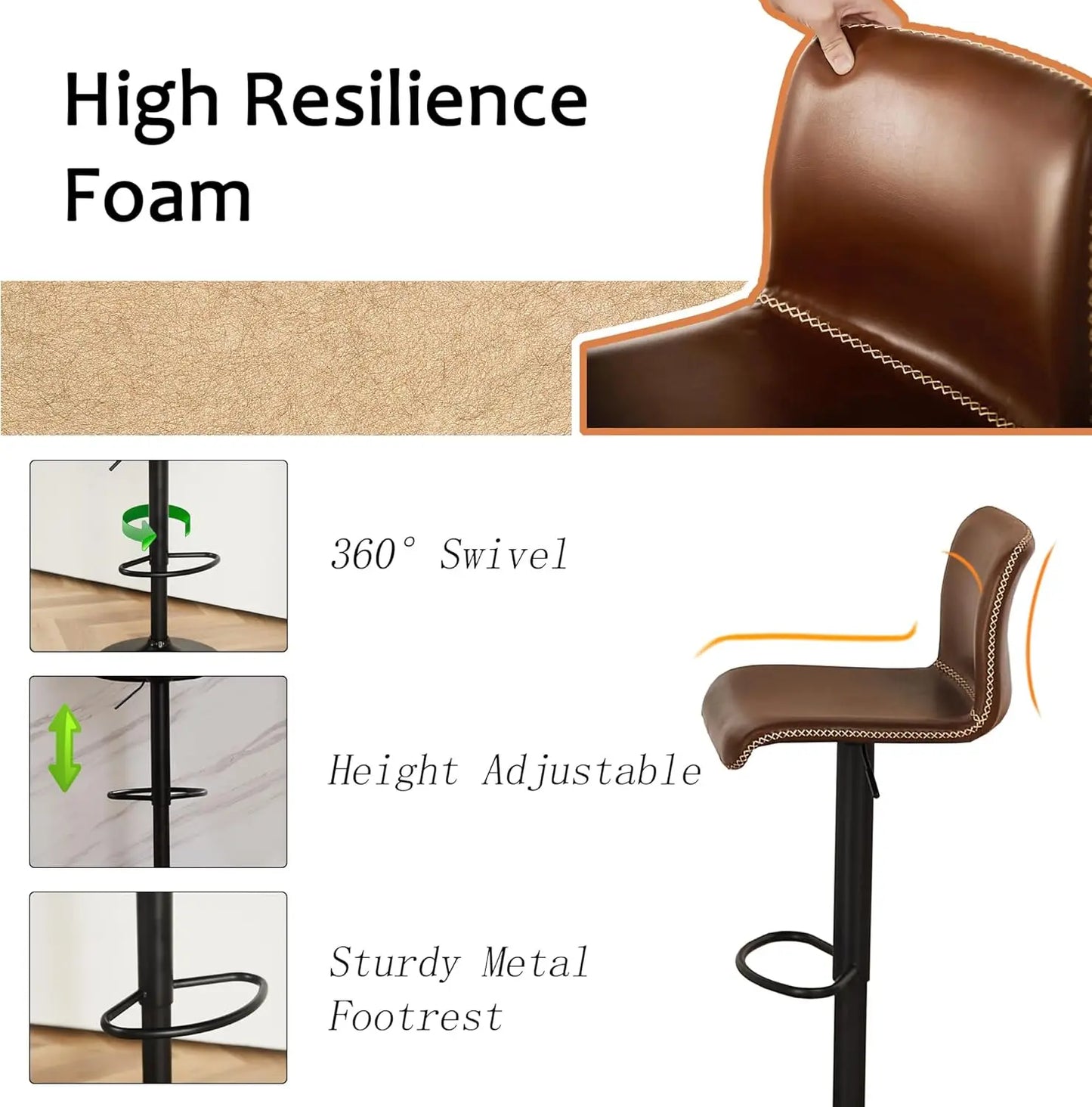 Swivel Bar Stools Set of 4, Adjustable Counter Height with Back, Brown Faux Leather (24' to 32')