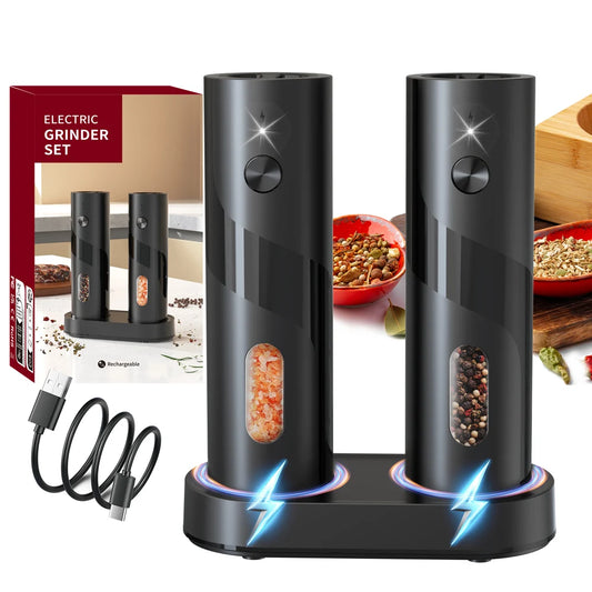 2‑Pack Electric Salt & Pepper Grinders – Rechargeable Automatic Mills with Large Capacity & Charging Base
