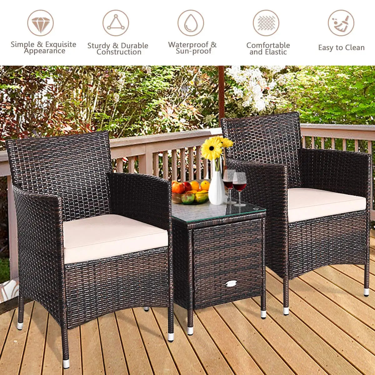 3‑Piece Patio Furniture Set – Wicker Rattan Chairs with Thick Cushions & Glass‑Top Coffee Table