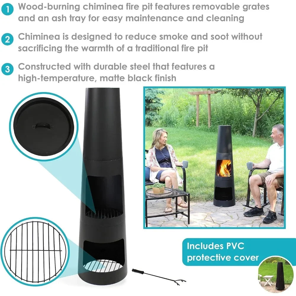Chiminea Outdoor Fireplace with Poker and Cover - Outdoor Wood-Burning Fire Pit - Black