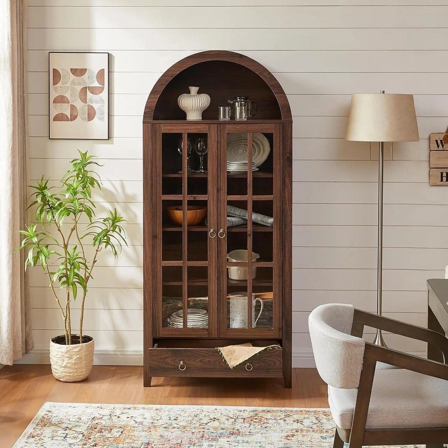 Elegant 71-Inch Arched Display Cabinet – Natural Wood Finish