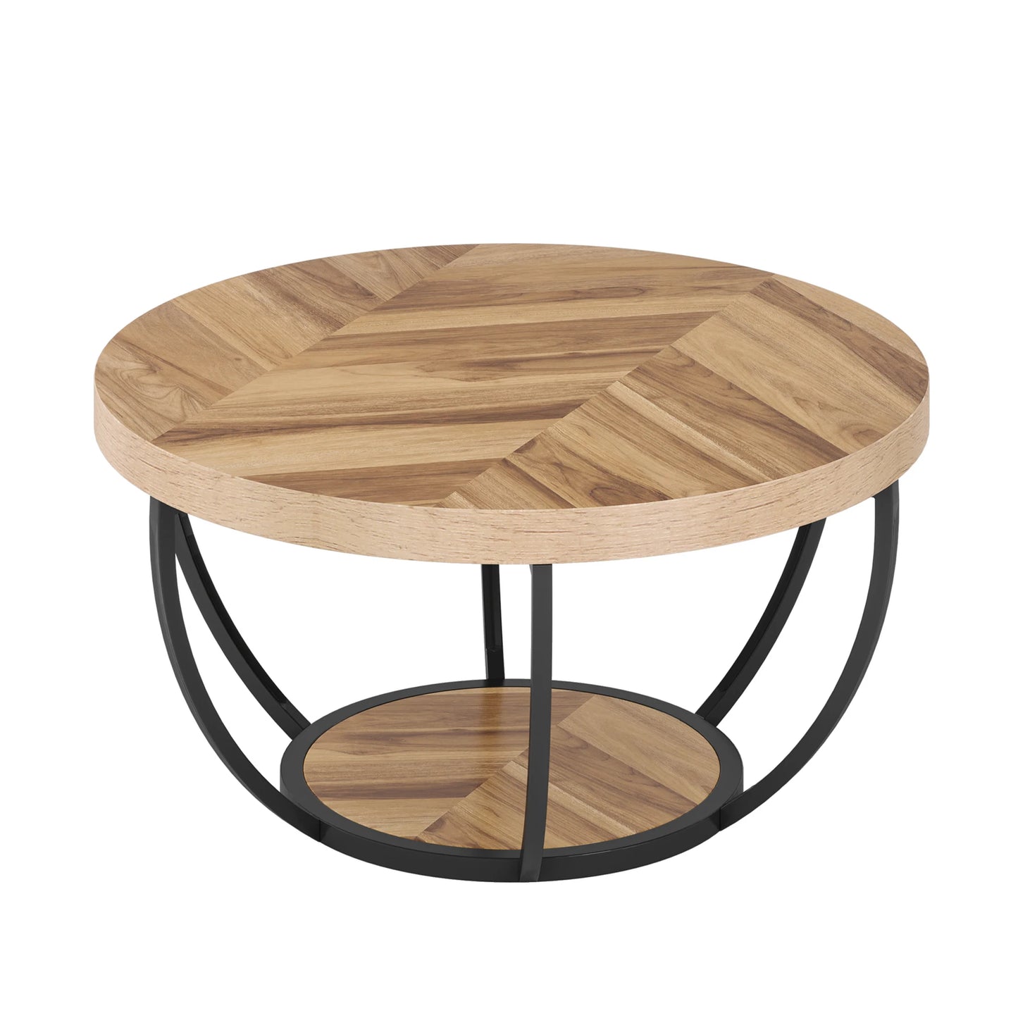 31" Round Coffee Table, Industrial 2-Tier Table with Storage Shelves