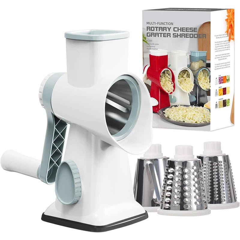 3‑in‑1 Rotary Cheese Grater – Manual Vegetable Slicer & Nut Grinder with Clear Hopper