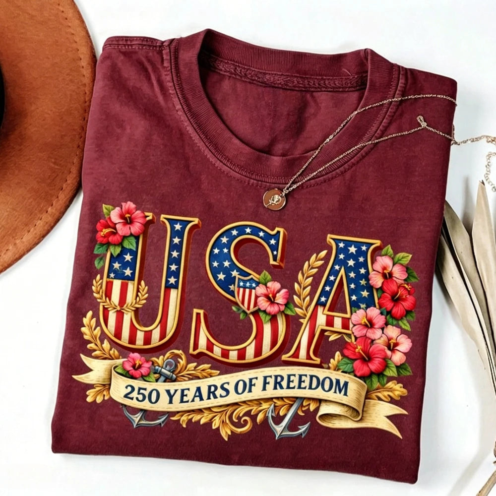 USA 250th Freedom - Women Crewneck Cotton Short Sleeve T Shirt