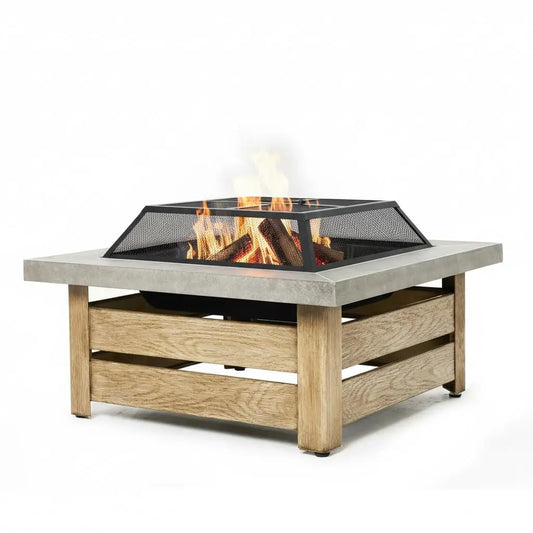 34" Wood Burning Fire Pit with Wood-Grain Side Panels with Mesh Cover