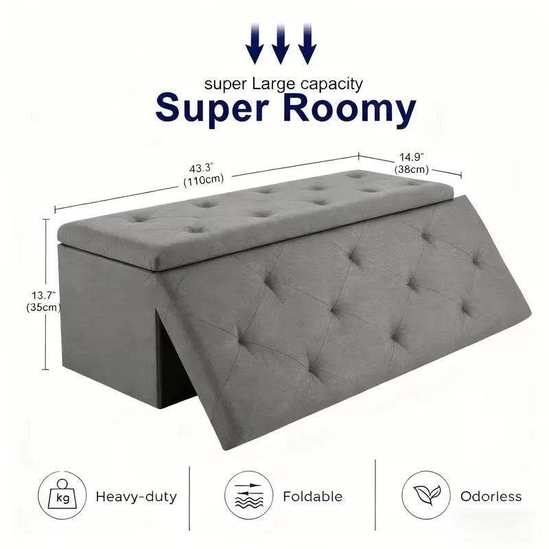 Heavy Duty Folding Storage Ottoman Bench, Indoor Outdoor Multipurpose Seat, Gray Easy Clean Fabric Organizer for Patio Garden