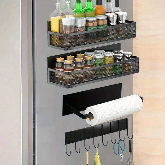 4‑Piece Metal Magnetic Organizer Set – Strong Refrigerator Spice Rack, Hooks & Paper Towel Holder