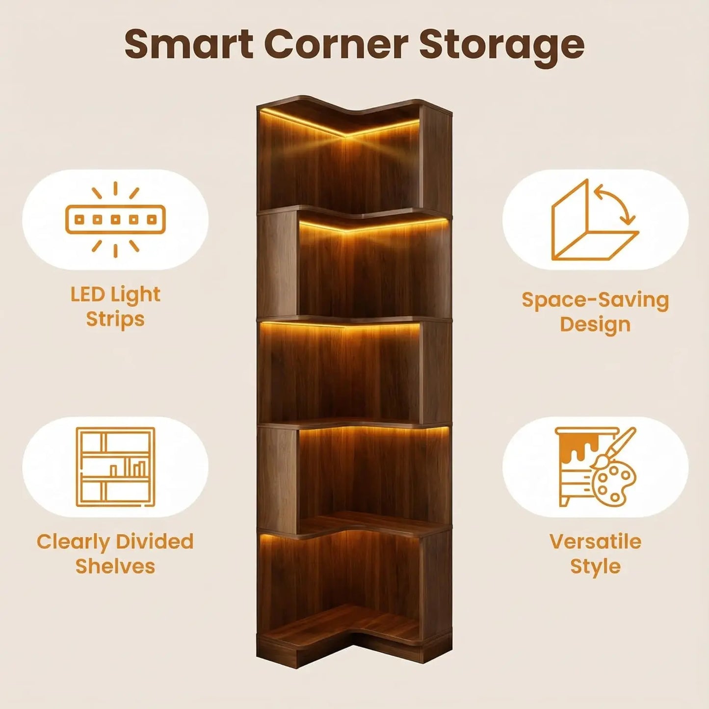 5-Tier L-Shaped Corner Bookshelf with LED Lights | Freestanding Smart Display Rack
