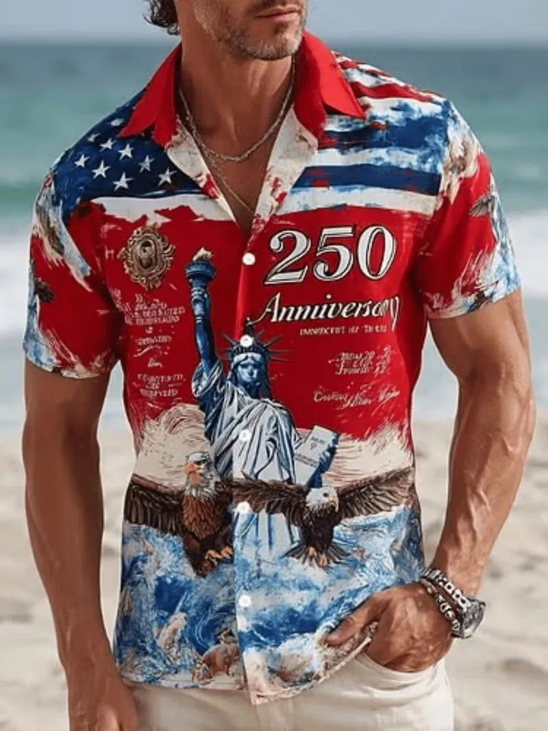 Men's 250th Anniversary US  American Flag Print Short Sleeve Button Down Shirt