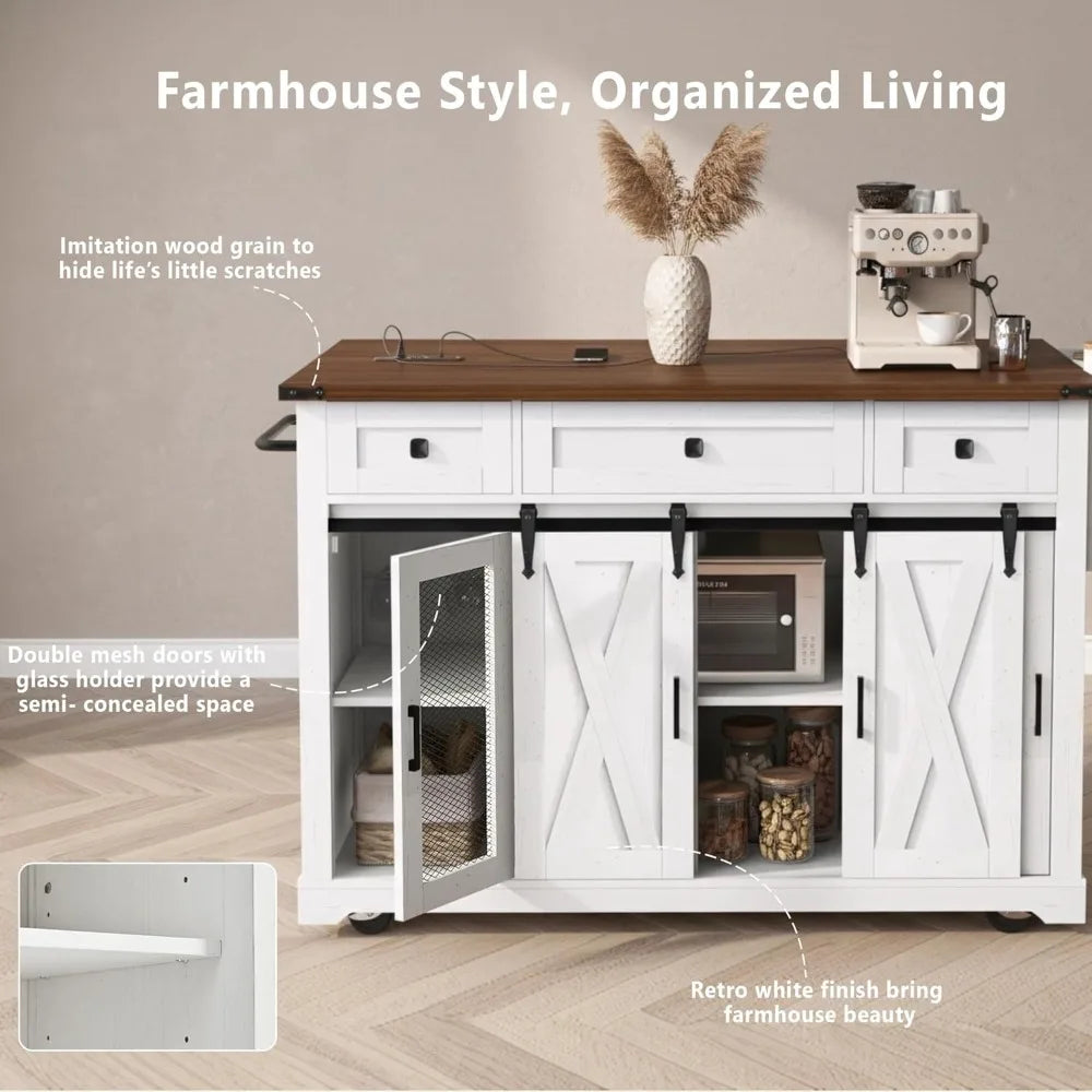 Farmhouse Kitchen Island Cart on Wheels with Drop Leaf & Power Outlet, Sliding Barn Door Storage Cabinet