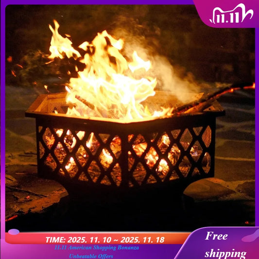 Hex Shaped Fire Bowl - Large Wood Burning Outdoor Fire Pit with Spark Screen & Poker for Bonfire, Campfire