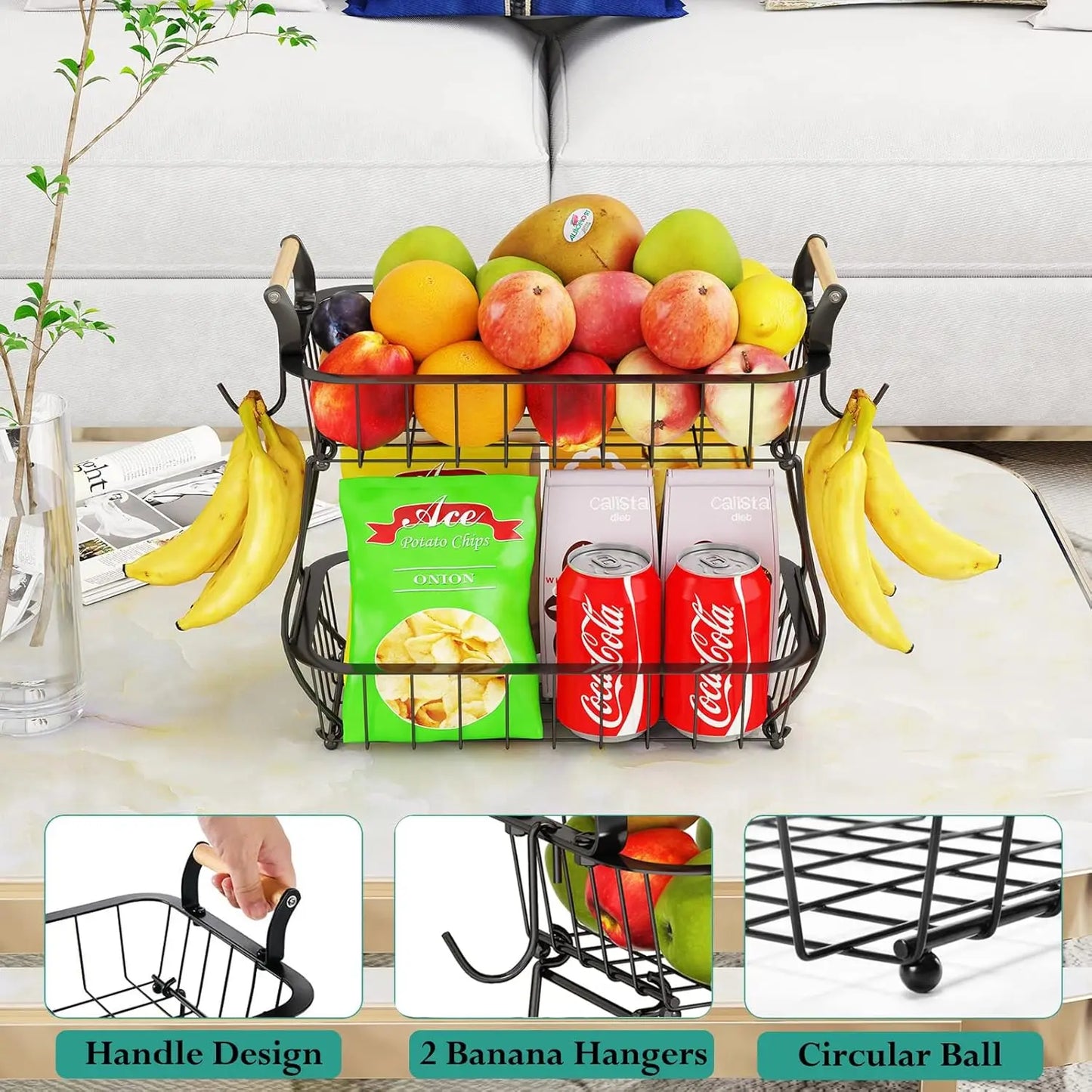 2‑Tier Metal Wire Fruit Basket with Banana Hanger – Kitchen Countertop Organizer