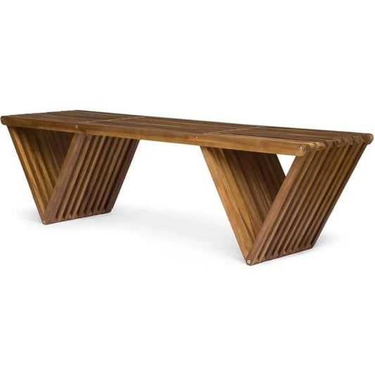 Outdoor Acacia Wood Bench, Teak Finish Brown, 17.75"D x 63"W x 16.5"H