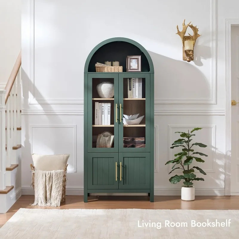 71" Arched Display Cabinet with Glass Doors | 5-Tier Modern Bookcase