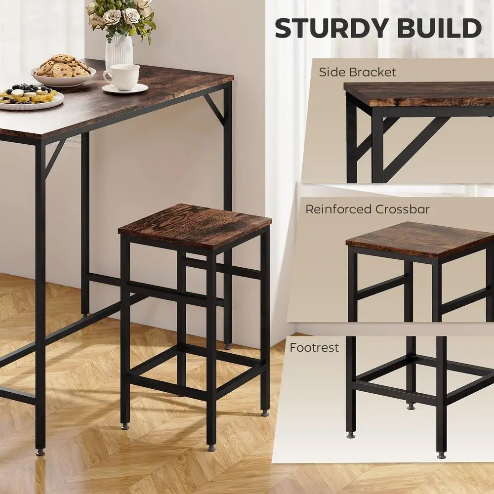 5 Piece Industrial Dining Table Set, Bar Table and 4 Stools
