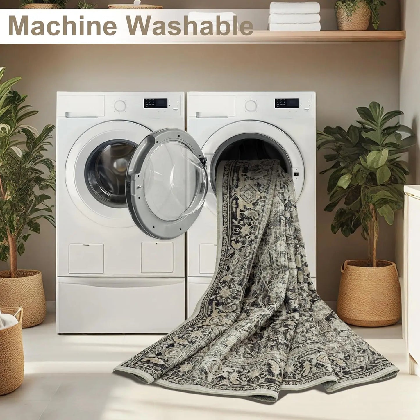 Soft Vintage Washable Area Rug 9x12 with Anti-Skid Backing, Stain Resistant