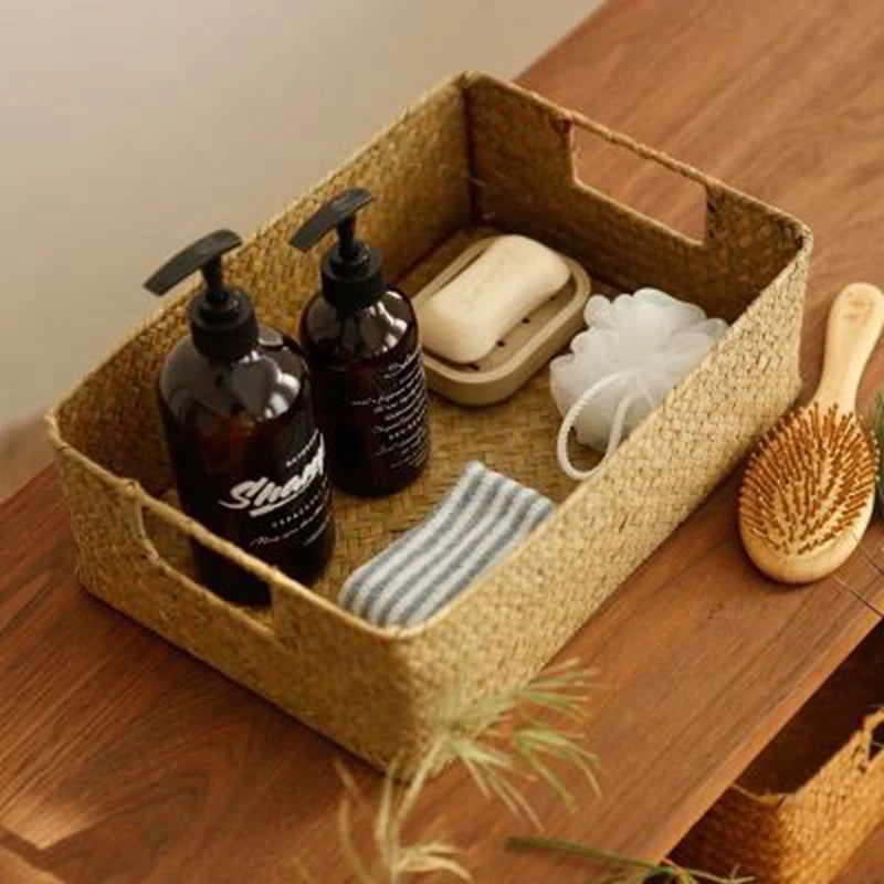 Multi-Purpose Seagrass Organizer Bin | Decorative Rattan-Style Storage