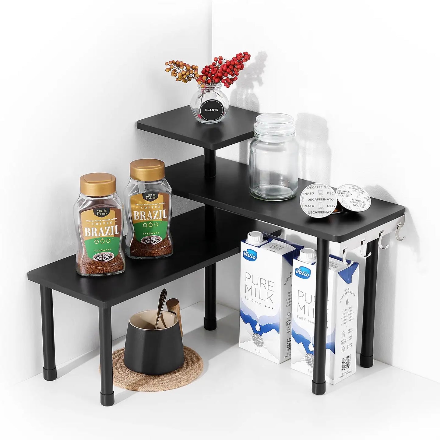 3-Tier Bamboo Corner Organizer – Tiered Countertop Storage Shelf - Black