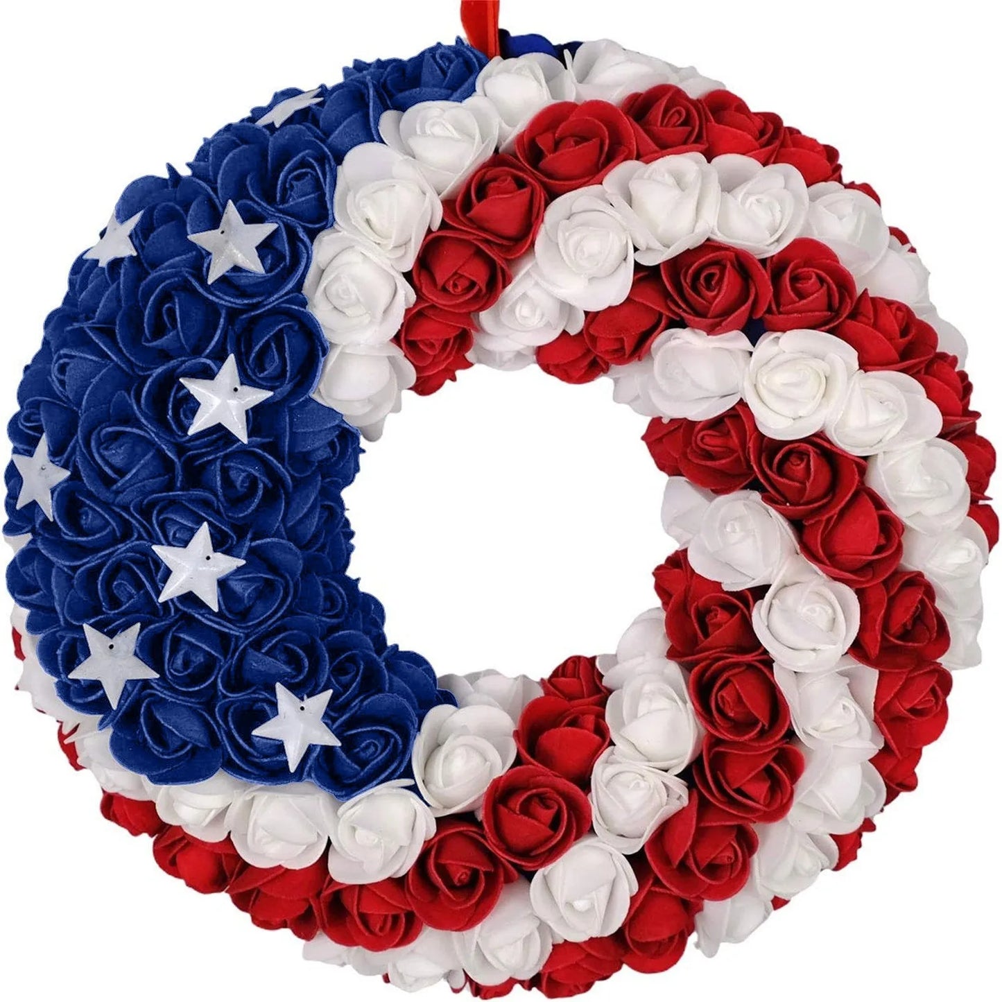 4th of July Rose Floral Wreath – American Flag Star Front Door Patriotic Garland