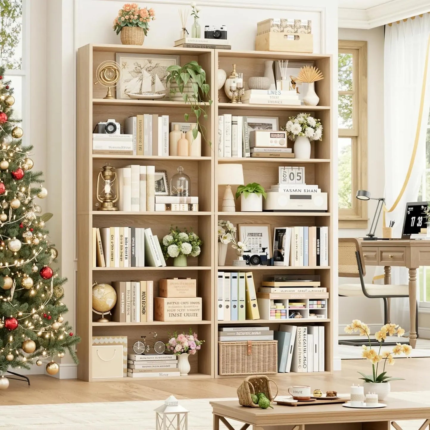 6-Tier Freestanding Open Bookcase Set | 2-Pack Tall Display Storage Shelves