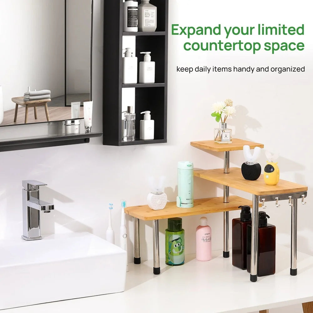 3-Tier Bamboo Corner Organizer – Tiered Countertop Storage Shelf